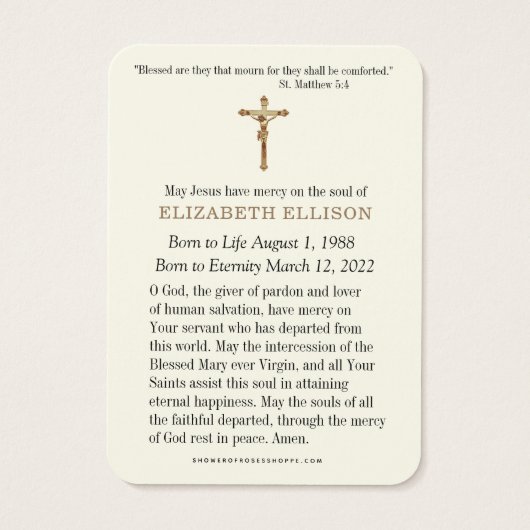 Carte de prière commémorative catholique (Dos)