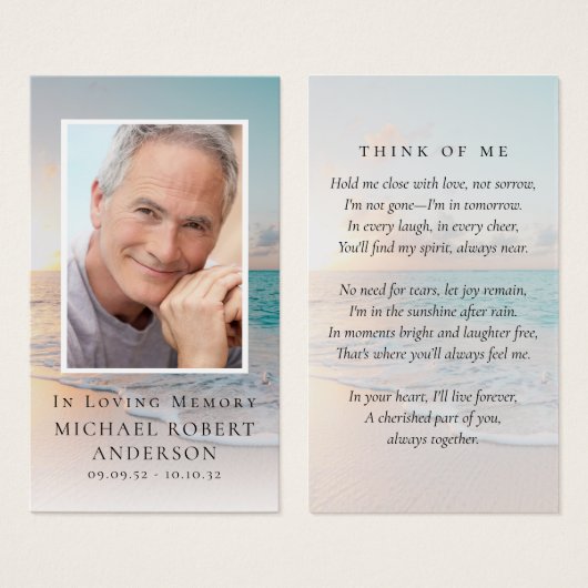 Carte de prière commémorative de la plage (Devant & derrière)