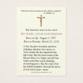 Carte de prière commémorative des funérailles (Dos)