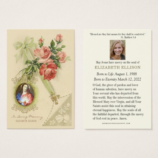 Carte de prière commémorative des funérailles de J (Devant & derrière)