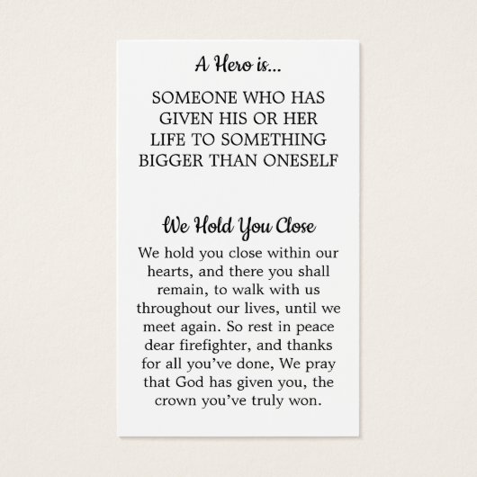 Carte de prière commémorative du pompier Hero (Dos)