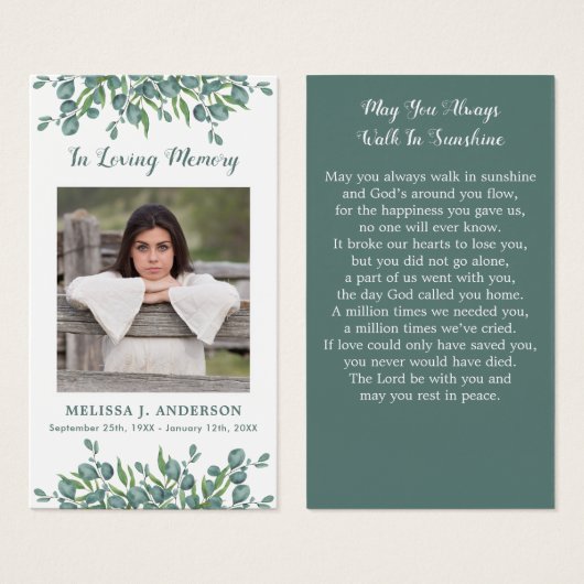 Carte de prière commémorative Eucalyptus (Devant & derrière)