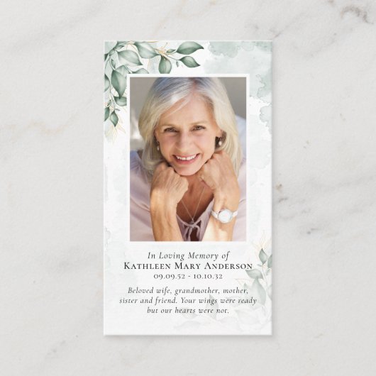 Carte de prière commémorative Eucalyptus Budget (Devant)