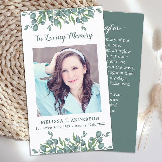 Carte de prière commémorative Funérailles Eucalypt