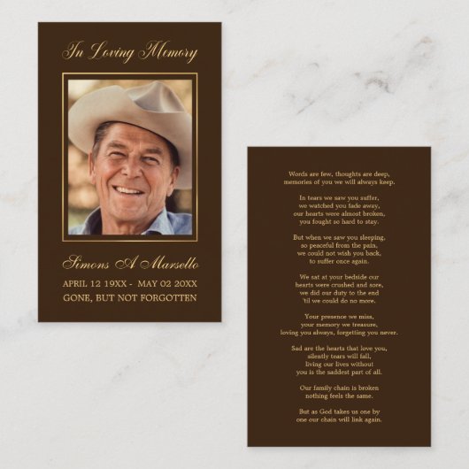 Carte de prière commémorative funéraire simple et  (Devant / Derrière)