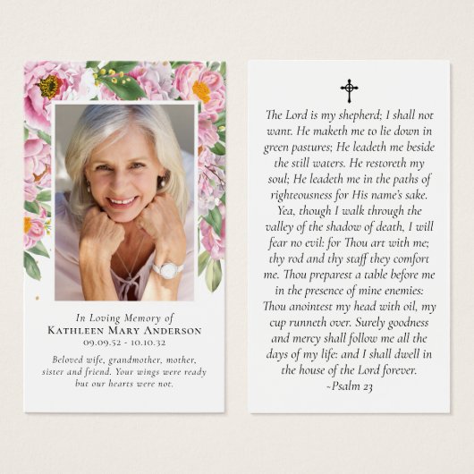 Carte de prière commémorative Peonies (Devant & derrière)