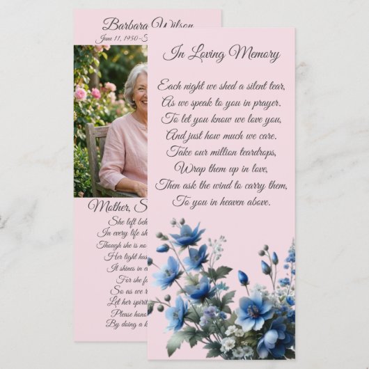 Carte de prière commémorative rose bleue florale (Devant / Derrière)