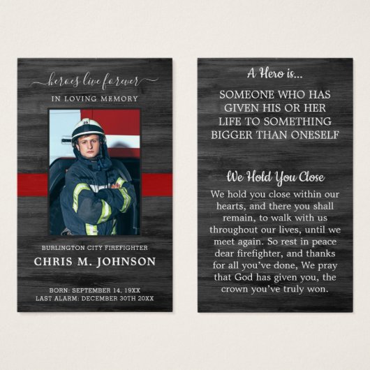 Carte de prière commémorative Rustic Firefighter (Devant & derrière)