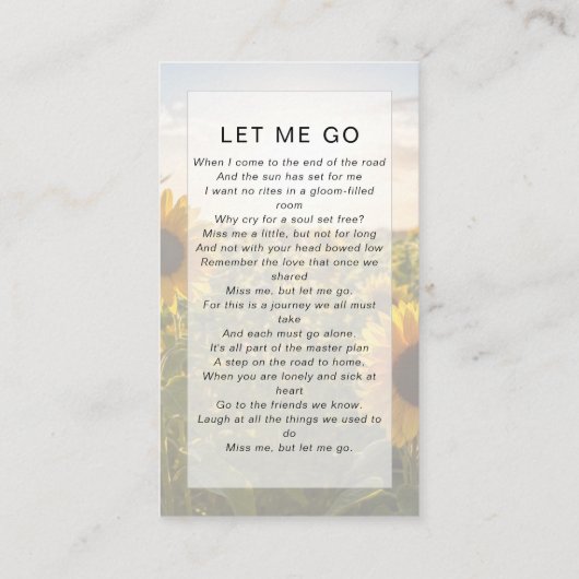 Carte de prière commémorative | Tournesols (Dos)