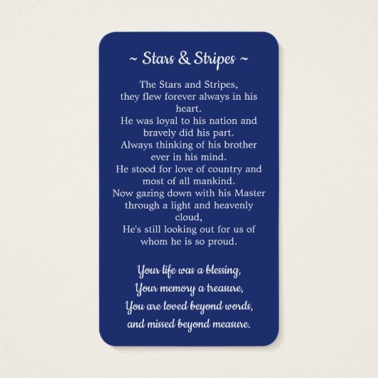 Carte de prière commémorative US Drapeau Étoiles e (Dos)