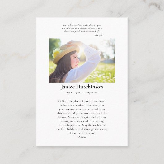 Carte de prière commémorative Vierge Marie et Rose (Dos)