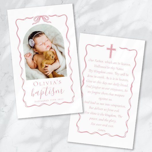 Carte de prière de baptême avec ruban rose et phot