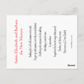 Carte de prière de Holy Martyrs Elizabeth et Barba (Dos)