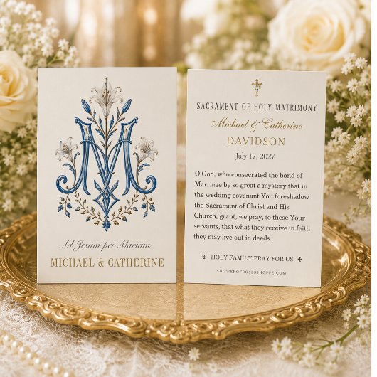 Carte de prière de mariage avec monogramme marian