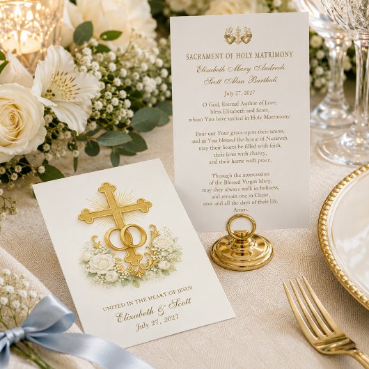 Carte de prière de mariage catholique Croix dorée