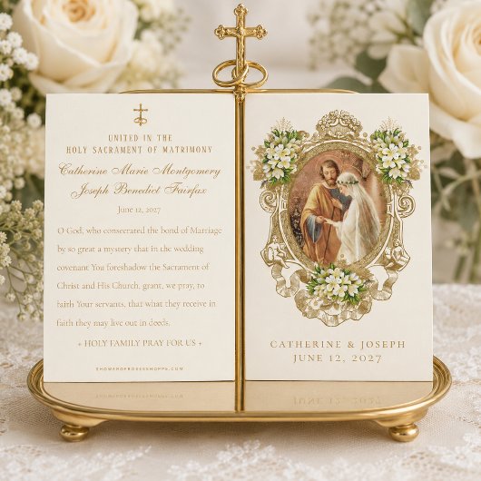 Carte de prière de mariage florale catholique doré