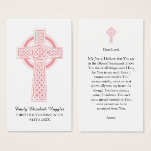 Carte de prière de première communion croisée rose