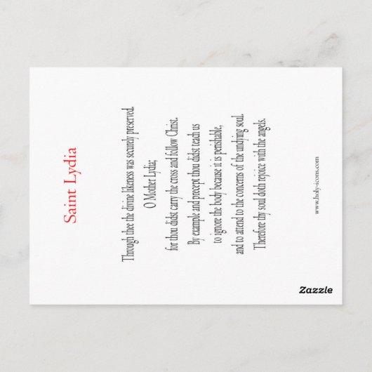 Carte de prière de St Lydia (Dos)
