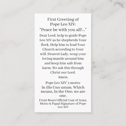 Carte de prière du Pape Leo XIV (Dos)