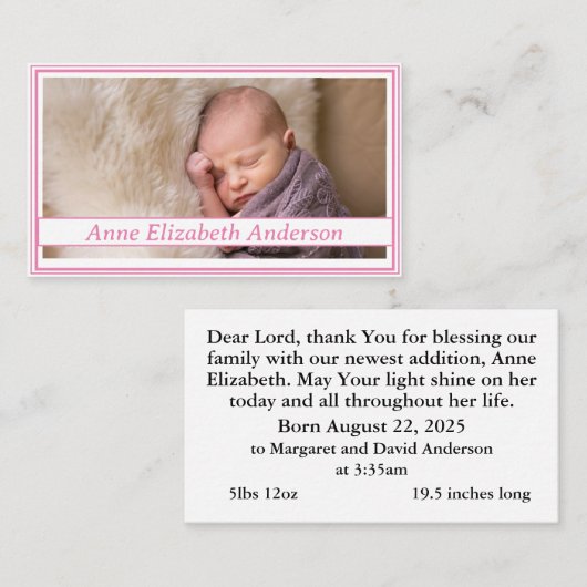 Carte de prière faire-part de naissance (Devant / Derrière)