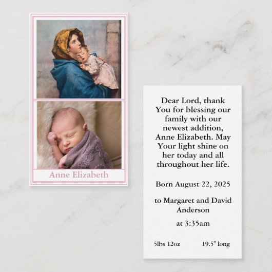 Carte de prière faire-part de naissance (Devant / Derrière)