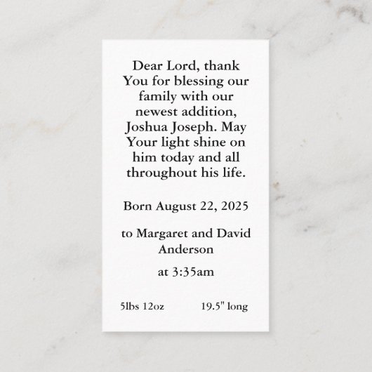Carte de prière faire-part de naissance (Dos)
