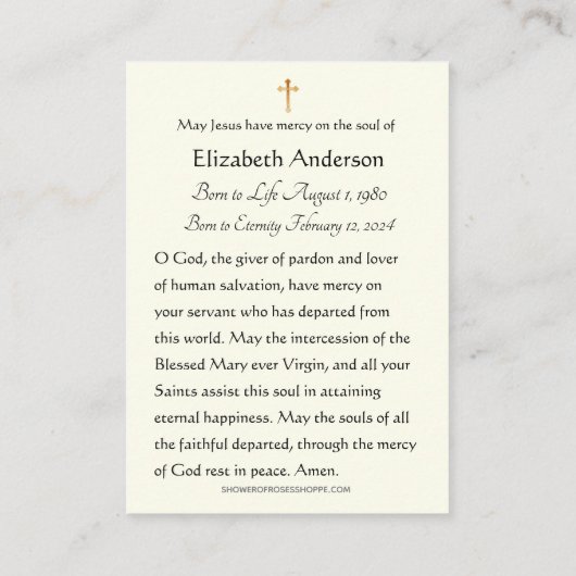 Carte de prière funéraire (Dos)