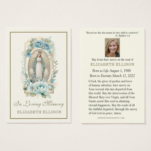 Carte de prière funéraire Blue Florgin Mary (Devant & derrière)