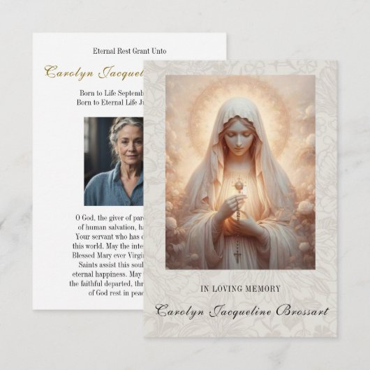 Carte de prière funéraire catholique de Marie (Devant / Derrière)