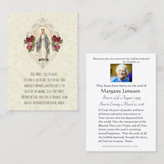 Carte de prière funéraire catholique Sainte Vierge (Devant / Derrière)
