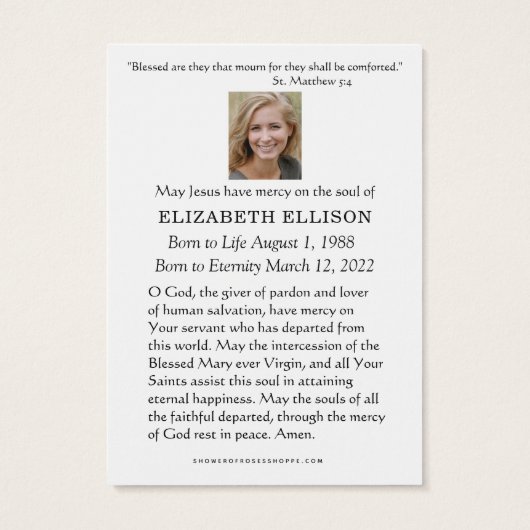 Carte de prière funéraire catholique Vierge Marie  (Dos)