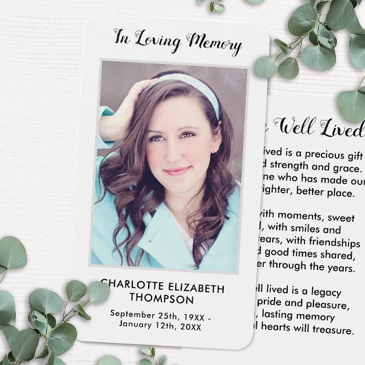 Carte de prière funéraire commémorative de photo m