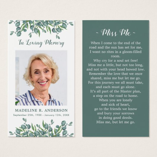 Carte de prière funéraire commémorative Eucalyptus (Devant & derrière)