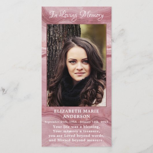 Carte de prière funéraire commémorative Rose Quart (Devant)