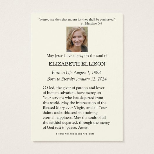 Carte de prière funéraire de la Sainte Mère Marie (Dos)