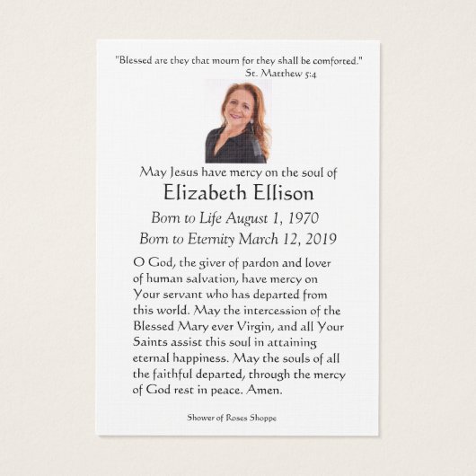 Carte de prière funéraire de la Vierge catholique (Dos)