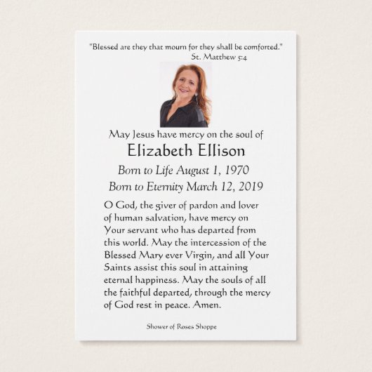 Carte de prière funéraire de la Vierge catholique  (Dos)