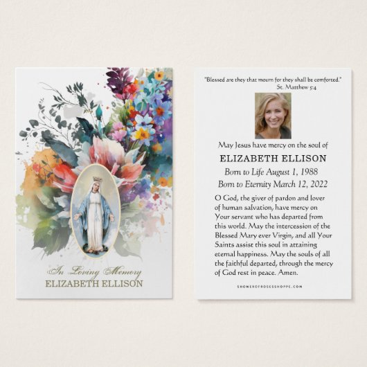 Carte de prière funéraire de la Vierge Marie Fatim (Devant & derrière)