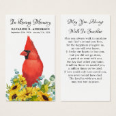 Carte de prière funéraire du cardinal commémoratif (Devant & derrière)