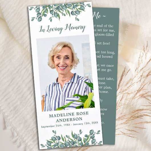 Carte de prière funéraire du mémorial d'Eucalyptus