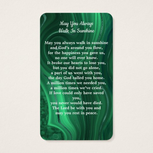 Carte de prière funéraire Emerald Green (Dos)