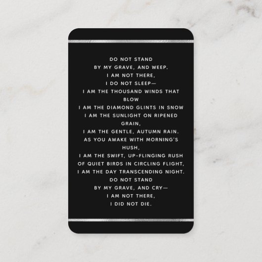 Carte de prière funéraire en noir blanc (Dos)