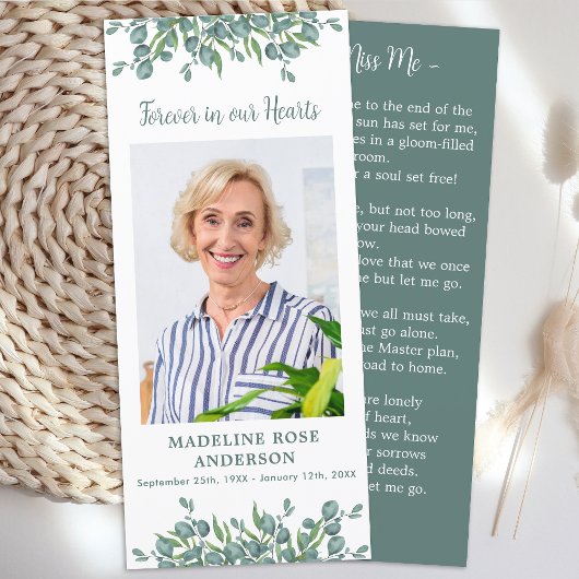 Carte de prière funéraire Eucalyptus Memorial Poem