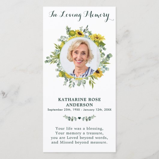 Carte de prière funéraire Eucalyptus Tournesol (Devant)