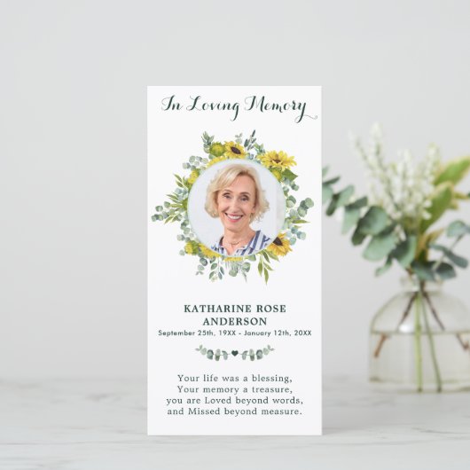 Carte de prière funéraire Eucalyptus Tournesol (Debout devant)