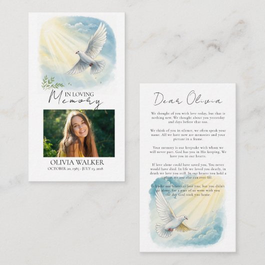 Carte de prière funéraire funéraire Dove in Sunlig (Devant / Derrière)