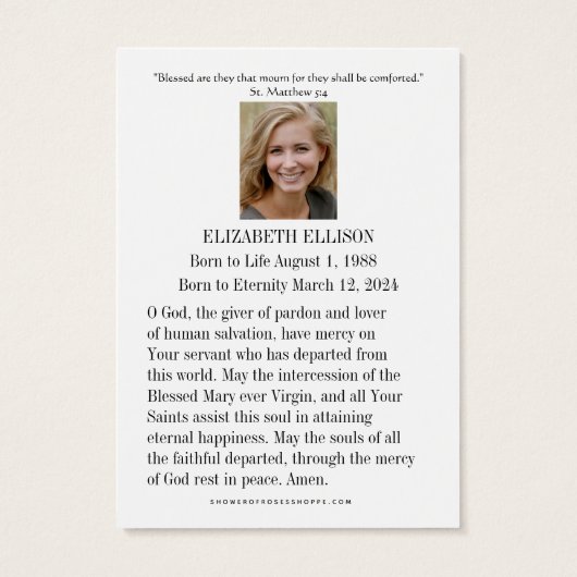 Carte de prière funéraire Mary Memorare (Dos)