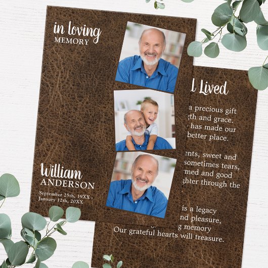 Carte de prière funéraire Memorial 3 Photo Leather