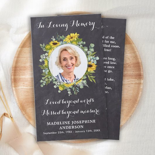 Carte de prière funéraire mémorial tournesol Eucal