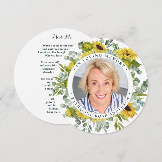 Carte de prière funéraire mémorial tournesol Eucal (Devant / Derrière)